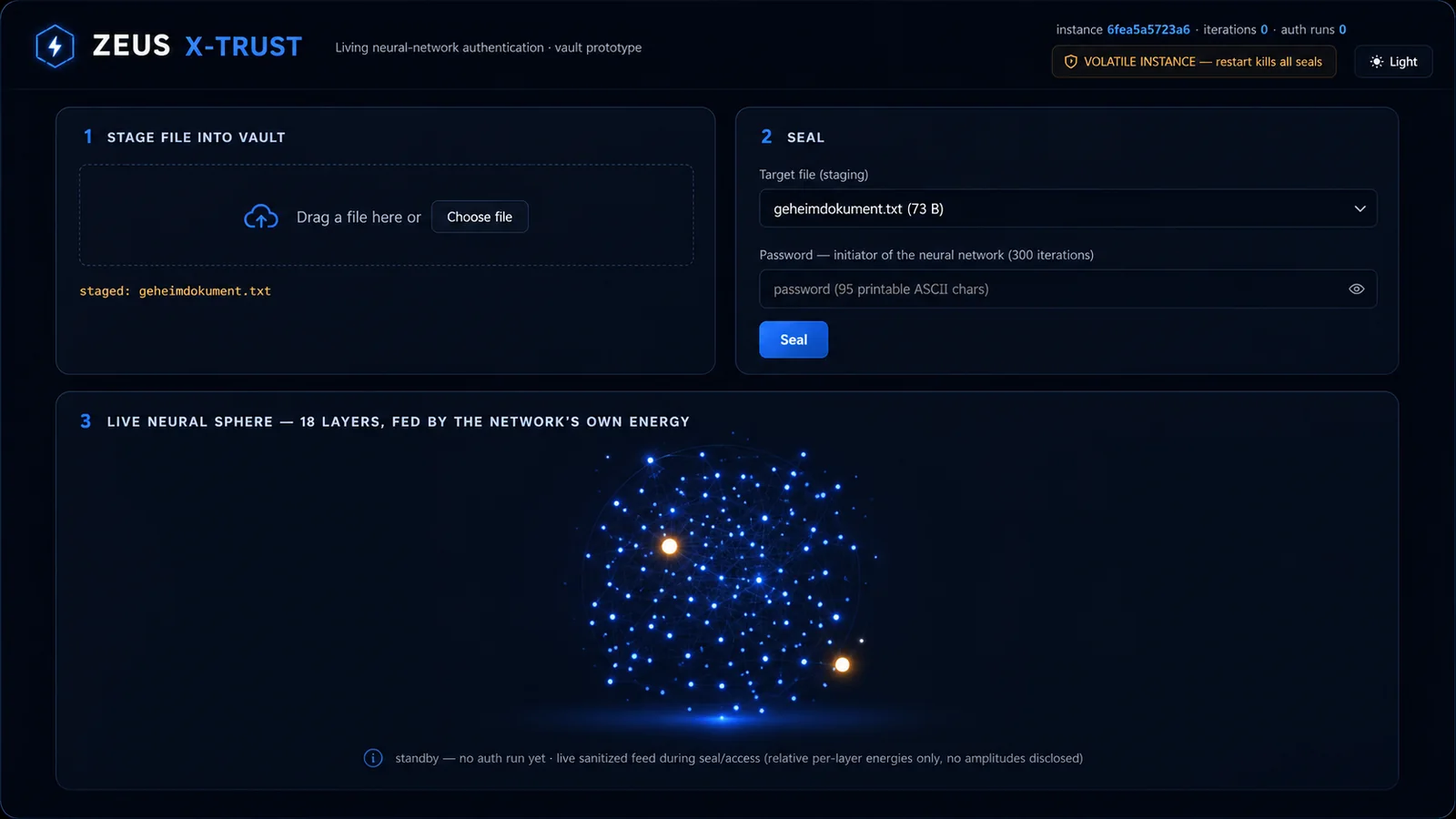ZEUS X-Trust prototype interface — dark theme