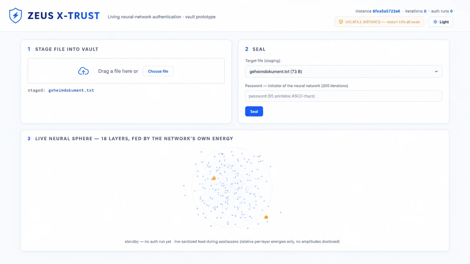 ZEUS X-Trust prototype interface — light theme